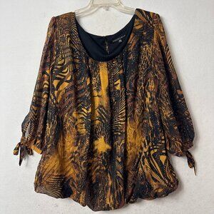 Sara Michelle Blouse sz 2X animal print embellished bling bubble hem brown‎